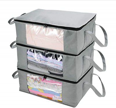 Double R Bags Clothes Organizers Storage Bag,with Reinforced Handle Very suitable storage room for clothes, bedding, perfect organization system (Grey, Pack of 3)