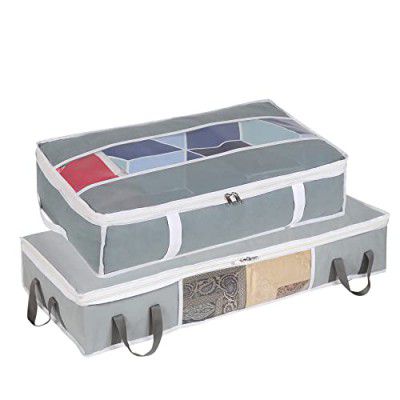 Double R Bags Under Rectangular Bed Storage/Organizer for Quilts, Comforters, Blanket Storage with Large Front Window and Under Bed Storage Bag with 4 Reinforced Handles(Grey) Pack of 2