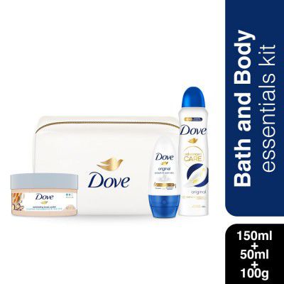 Dove Bath & Body Essentials Kit – Advanced Care Deodorant (150 ML), Roll On (50 ML) & Exfoliating Body Polish (100 G) + Travel Pouch