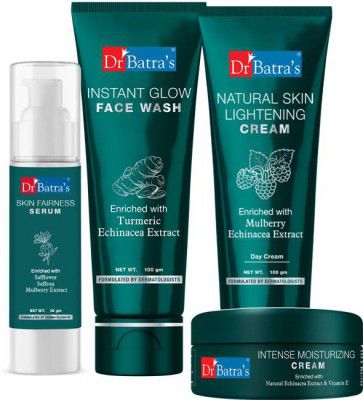 Dr Batras Skin Fairness Serum - 50 G, Face Wash Instant Glow - 100 gm,Natural Skin Lightening Cream - 100 gm and Intense Moisturizing Cream -100 G (Pack of 4)  (4 Items in the set)
