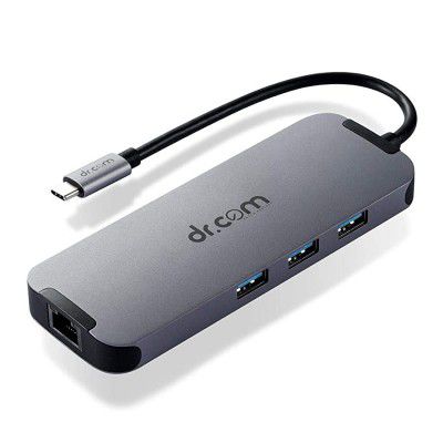 dr.com DCH-800 8 in 1 Portable Aluminium Adapter with USB C Charging, USB C to HDMI, 3 USB 3.0 Ports, Micro SD/SDXC Card Reader, RJ-45 Network Port