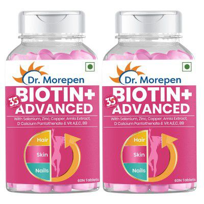 DR. MOREPEN Biotin+ Advanced for Hair Growth, Glowing Skin & Healthy Nails | With Multivitamin, Amino Acid, Natural Extract of Amla & Green Tea, Bhringraj & Brahmi - 60 Tablets (Pack of 2)