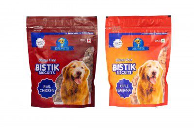 Dr. Pets Pack of 2 (900g Each) Bistik Dog Biscuits | Real Chicken & Apple Banana Flavour | Gluten Free Crunchy Dog Treats for Puppies & Adult Dogs | Healthy Training Snacks for All Breeds