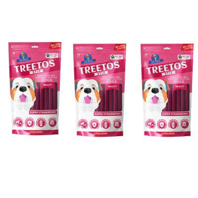 Dr. Pets Pack of 3 (85g Each) Treetos Chicken Stix Dog Treats | Super Strawberry Flavour | Soft Chew Sticks for Puppies & Adult Dogs | Training Reward Snacks | Pouch Pack