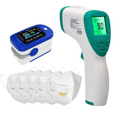 DR VAKU® 3in1 Combo Fingertips Pulse Oximeter, Non-Contact Infrared Digital Forehead Thermometer with Lcd Display, 5x KN95 Filter Respirator Face Mask