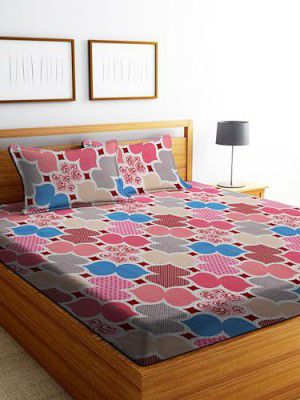 Dream Living 100% Microfiber bedsheet for Double Bed with 2 Pillow Covers Breathable | Wrinkle Free and Super Soft Touch Flat Double Bedsheet Geometric Print- Red and Blue