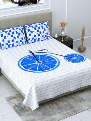 DREAM WEAVERZ White & Blue Glazed Cotton 220 TC Cotton King Bedsheet with 2 Pillow Covers