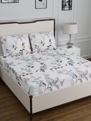 DREAM WEAVERZ White & Grey Floral 220 TC Cotton 1 Double Bedsheet with 2 Pillow Covers