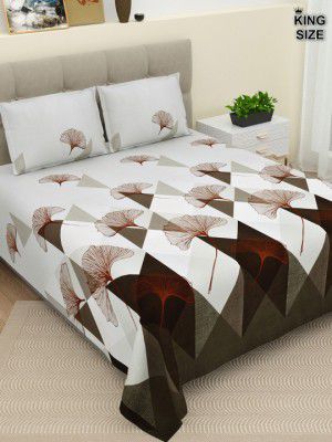 DREAM WEAVERZ Brown & White 220TC Cotton Super King Bedsheet with 2 Pillow Covers