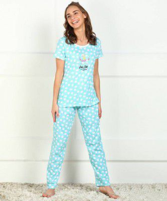 DreamBe  Women Printed Light Blue, White Top & Pyjama Set