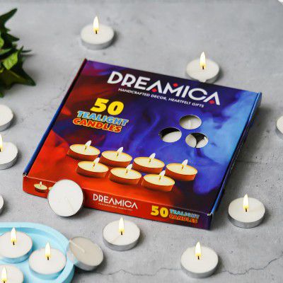 Dreamica White Tealight Candles Pack of 50 – Smokeless Long Burning Wax Tea Light for Home Décor, Diwali, Puja, Parties & Weddings – Unscented Round Tealight Candle Set