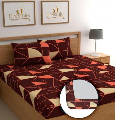 DREAMLET 160TC Cotton Feel All Around Elastic Fitted Bedsheets King Size (Brown Multi, Fitted)