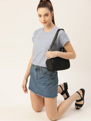 DressBerry Women Blue Melange Effect Extended Sleeves Crop T-shirt
