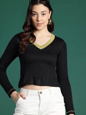 Dressberry  Women Solid V Neck Black Sweater