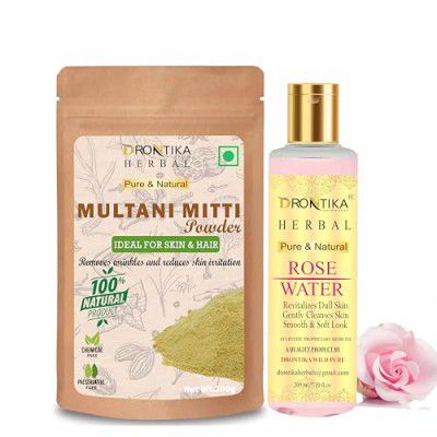 Drontika Wild & Pure Multani Mitti Powder with Rose Water for Glowing Skin, Whitening, Lightening, Acne & Oil Control, Dull & Dry Skin | Fuller's Earth Powder/Bentonite Clay (200 gm + 200 ml)