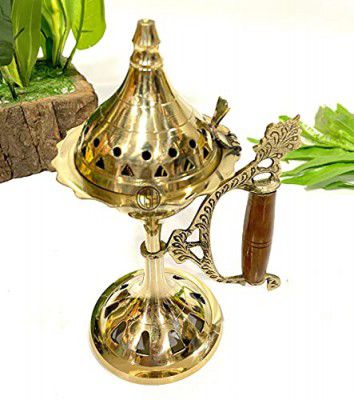 DSH Brass Home Purifying Hand Loban Incense Burner, with Wooden Handle, Dhoop Dhuni Burner Sambrani Dhoop, Resin & Home (No. 6) (Big), Gold (LBN-06)(Round)