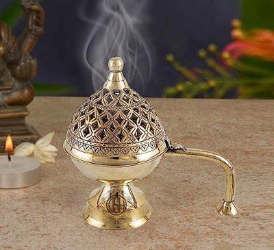 DSH Home Purifying Brass Dhuna Loban Burner Dhooni Dhoop Dani Dhuni Brass Table Dhoop Dani Incense Burner for Loban
