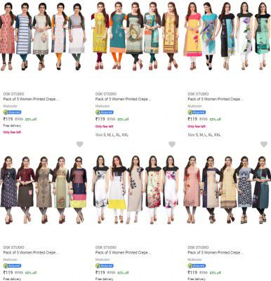 Dsk Studio Womens Kurtas Pack Of 5 @ ₹113