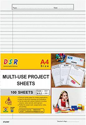 DSR 80 GSM A4 Ruled White Project Sheets (100 Sheets, Both Side Ruled)