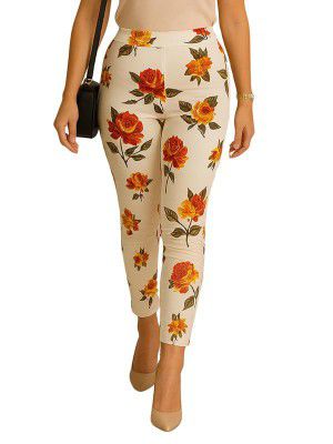 DTR FASHION Women's White Printed Stretchable Cotton Blend Casual Jegging