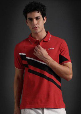 DUCATI Men Colorblock Polo Neck Cotton Blend Red T-Shirt