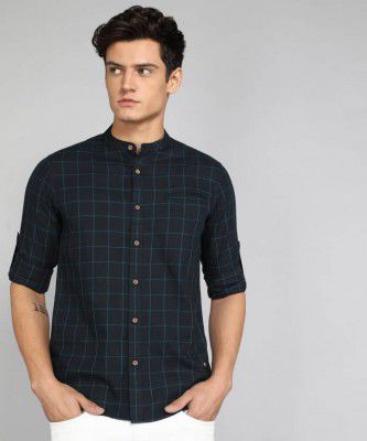 DUCATI Men Slim Fit Checkered Mandarin Collar Casual Shirt