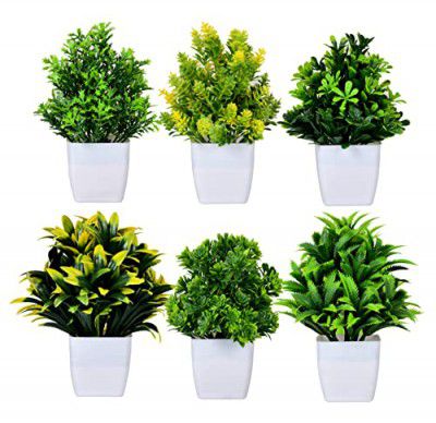 DUNAY Artificial Forest Bonsai Plant with Plastic Pot for Home Decoration Office Table Greenery Room Home Decor Plants (Set of 6)