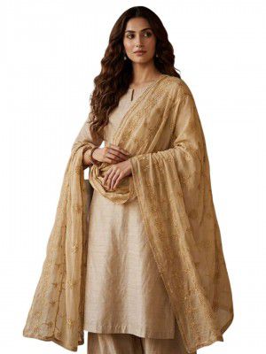 DUPATTA BAZAAR Women's Beige Embroidered Chiffon Dupatta