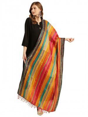 DUPATTA BAZAAR Women's Striped Print Multicoloured Art Silk Crushed Dupatta