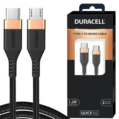 Duracell Type-C To Micro 1.2M braided Sync & Charge Cable, USB C to Micro Fast Charge Compatible for fast data transmission (Black)