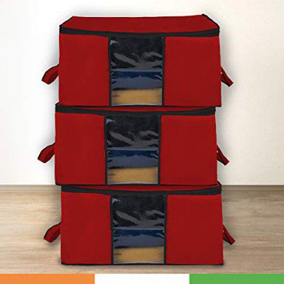 Duraware Extra-Large Wardrobe/Under Bed Storage Organiser with Duralight Fabric for Sarees, Shirts & More | Dust & Moisture Resistant | Pack of 3 (Maroon)
