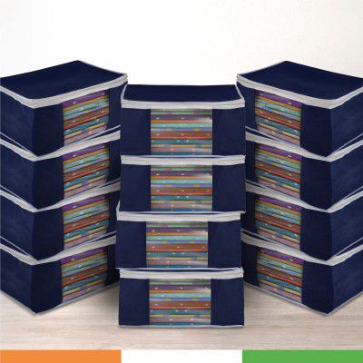 DURAWARE Saree Stacker/Bag with Duralight Fabric | Dust & Moisture Resistant | Wardrobe/Under Bed Organiser for Clothes | Pack of 12 (Blue)