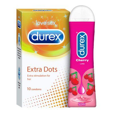 Durex Extra Thin Condoms for Men - 10 Count with Durex Lube Cherry Flavoured Lubricant Gel for Men & Women - 50ml | Water based lube | Suitable for use with toys
