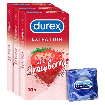 Durex Extra Thin Wild Strawberry Flavoured Condoms For Men -10s (Pack of 3), Pink