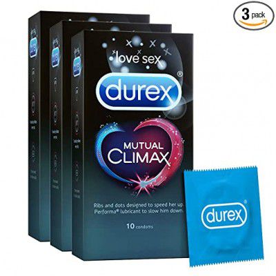 Durex Mutual Climax Condoms for Men & Women - 10 Count (Pack of 3)|Extra Dotted and Ribbed for Pleasure | Performa Lubricant for Long Lasting Climax Delay|Suitable for use with lubes & toys