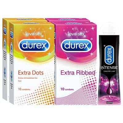 Durex Pleasure Packs (Condoms - 10 Count (Pack of 2, Extra Thin), Condoms - 10 Count (Pack of 2, Extra Ribbed), Pleasure Gel - 50 ml (Tingle))