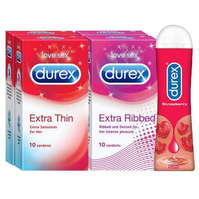 Durex Pleasure Packs (Condoms - 10 Count (Pack of 2, Extra Thin | Pack of 2, Extra Ribbed), Pleasure Gel - 50 ml )