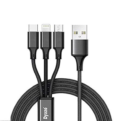 Dyazo 2.4 Amp 1 Meter Nylon Braided 3 In 1 Mobile Charging Usb Cable Compatible For All Smartphone, Iphones And Type C Devices,(Black)