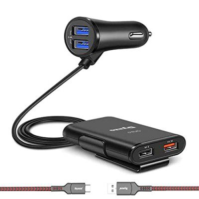 Dyazo QC 12V Fast Car Charger Back Seat Charging 4 USB Ports Compatible Free Type C Cable - Black