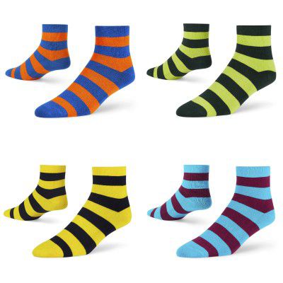 DYNAMOCKS Men's and Women's Combed Cotton Stripes Ankle Length Socks (Pack of 4) (Multicolour, Free Size)