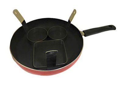 Dynore Non Stick Fry Pan with lid and Stainless Steel 2 Round and 1 Sqaure Egg/Pancake Ring with Handle