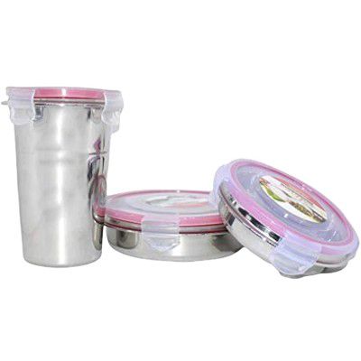 Dynore Stainless steel set of 2 click & seal lock air tight flat containers/tiffins and Stainless steel click & seal lock air tight Glass Tumbler with Lid