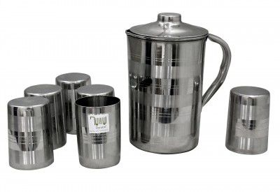 Dynore Stainless Steel Set of 6 Round Glass and 1 Delux Jug 1.5 LTR
