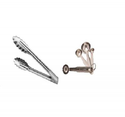 Dynore Stainless Steel Utility Tong with Set of 4 Measuring Spoons, Round Shaped Set, Silver