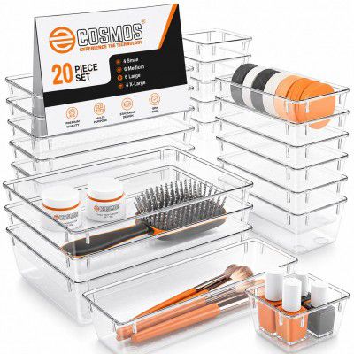 E-COSMOS® 20-Pack Transparent Drawer Organizers, Durable Polypropylene Storage Boxes