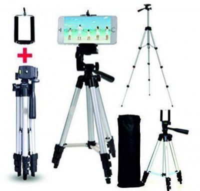 E-COSMOS Aluminium Adjustable Portable and Foldable 3110 Tripod Stand Mobile Clip and Camera Holder with Bag (Black)