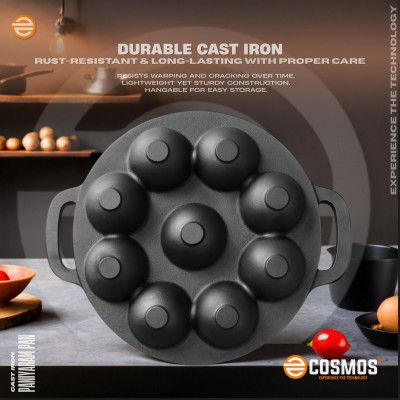 E-COSMOS Pre Seasoned Cast Iron 9 Cavity Appam Patra, Paniyaram Pan Iron, Appam Pan, Pan Cake, 23cm, Black (9 Cavity)