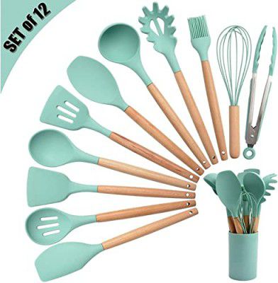 E-COSMOS Stylish Silicone Cooking & Baking Utensil Set - 12 Pcs Non-Stick Kitchen Tools with Wooden Handles - Eco-Friendly, BPA-Free & Heat Resistant (Water Leaf)