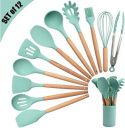 E-COSMOS Stylish Silicone Cooking & Baking Utensil Set - 12 Pcs Non-Stick Kitchen Tools with Wooden Handles - Eco-Friendly, BPA-Free & Heat Resistant (Water Leaf)...