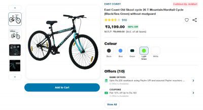 Jiomart : East Coast Old Skool cycle 26 T Mountain/Hardtail Cycle (Black/Sea Green) without mudguard